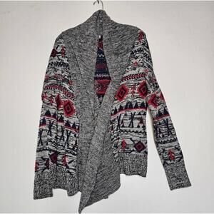 Roxy Aztec Knit Cardigan Medium Grey Red Blue Oversized Open Front